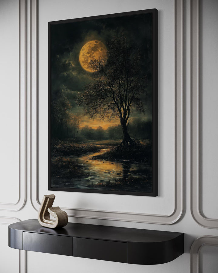 Gothic Full Moon Over Forest – Spooky Tree and Reflecting Water Landscape Halloween Wall Art