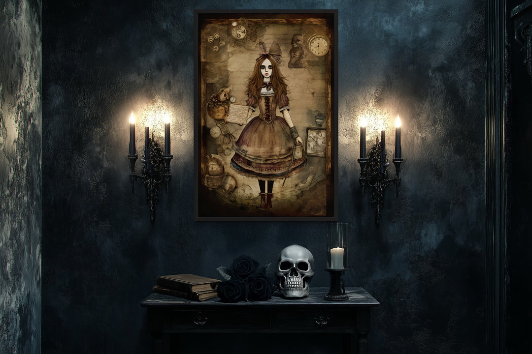 Library Wall Decor - Gothic Grunge Alice In Wonderland Framed Canvas Wall Art