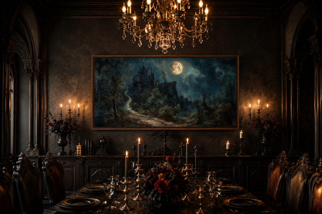 Framed gothic castle painting under a full moon hanging in a dark, candlelit dining room.