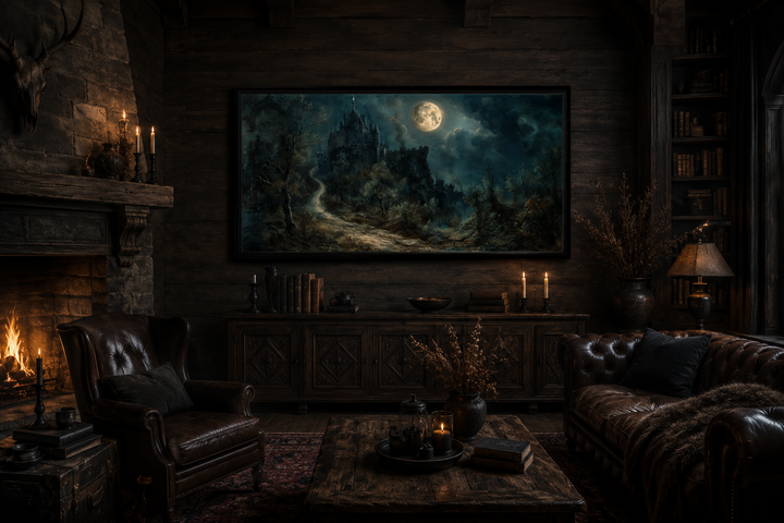 Framed gothic painting of a dilapidated castle under a full moon in a dark, moody living room.