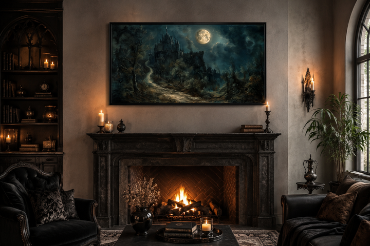 Framed gothic artwork of a dilapidated castle under a full moon above a fireplace in a dark room.