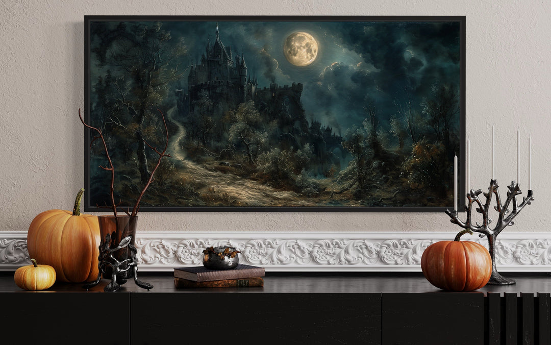 Gothic Haunted Dilapidated Castle Under Moon Dark Halloween Artwork