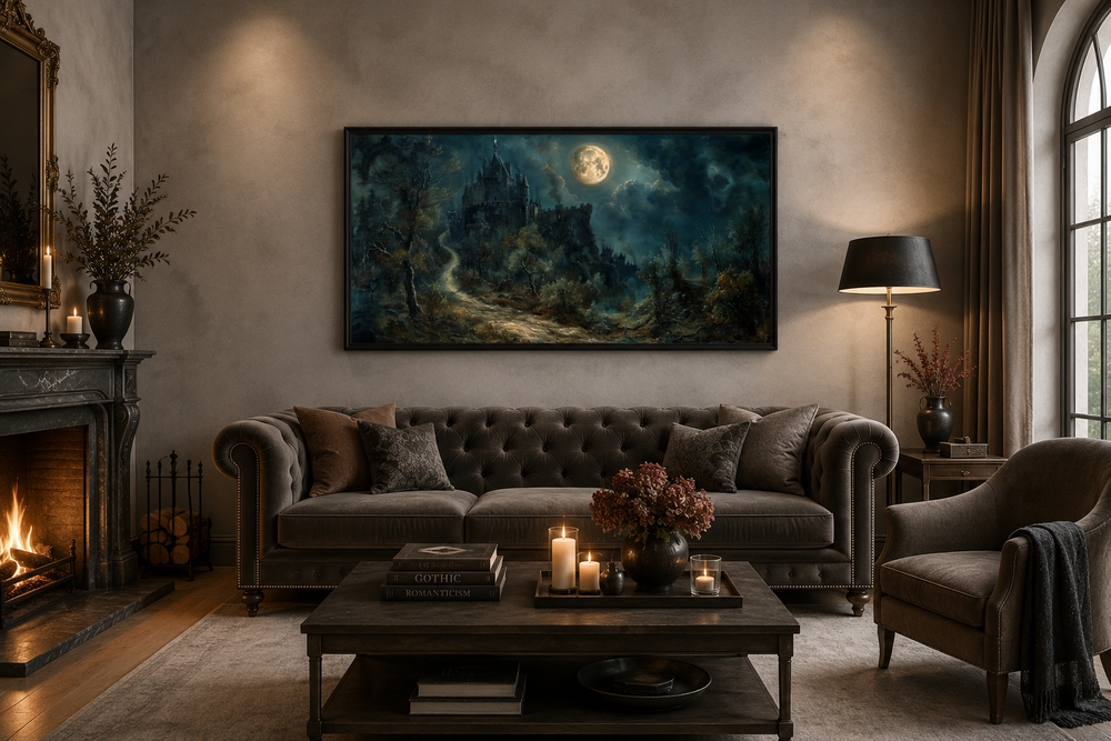 Framed gothic artwork of a haunted castle under a full moon hanging above a dark velvet sofa.