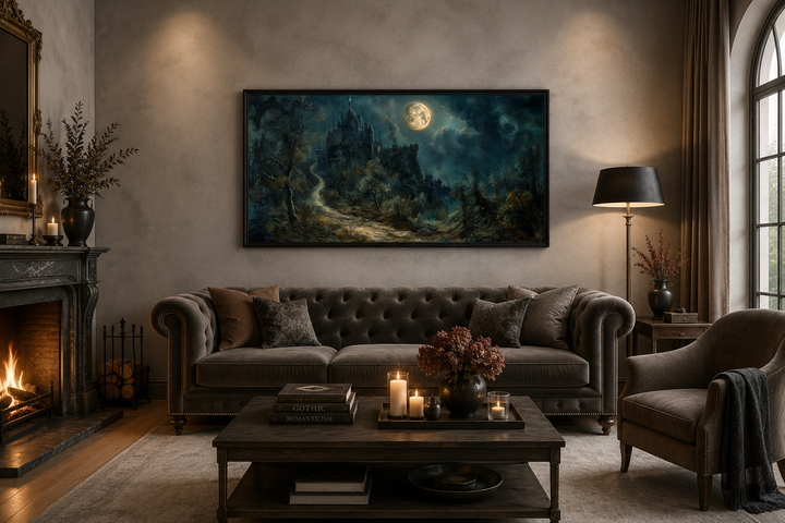 Framed gothic artwork of a haunted castle under a full moon hanging above a dark velvet sofa.