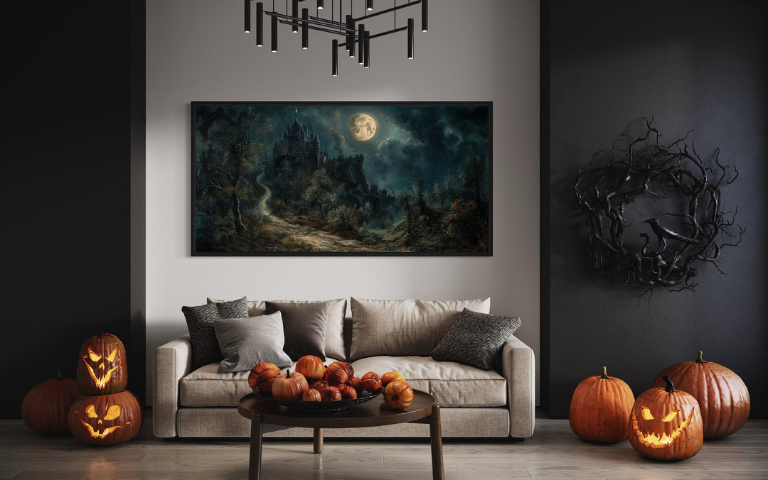 Gothic Haunted Dilapidated Castle Under Moon Dark Halloween Artwork