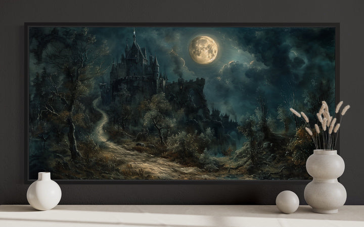Framed gothic artwork of a dilapidated castle under a full moon with misty trees and a dark path.