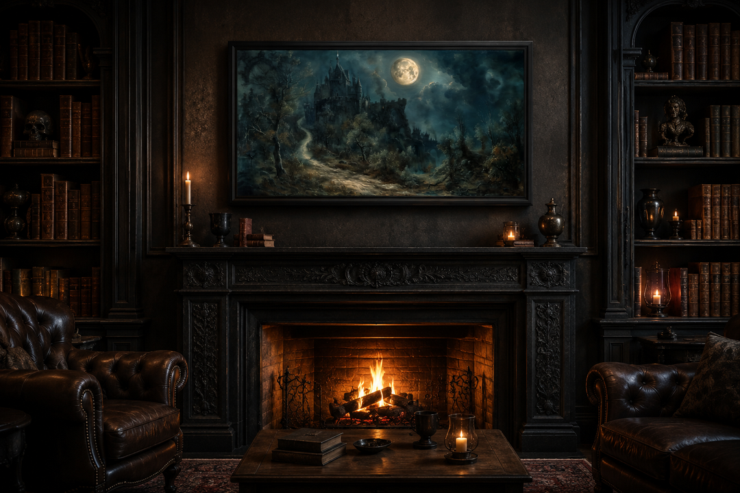 Framed gothic castle painting under a full moon above a fireplace in a dark, moody library.