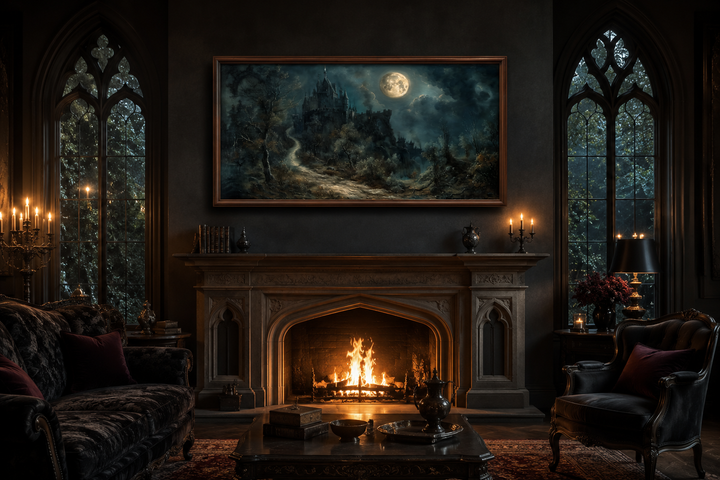 Framed gothic painting of a dilapidated castle under a full moon above a fireplace in a dark room.