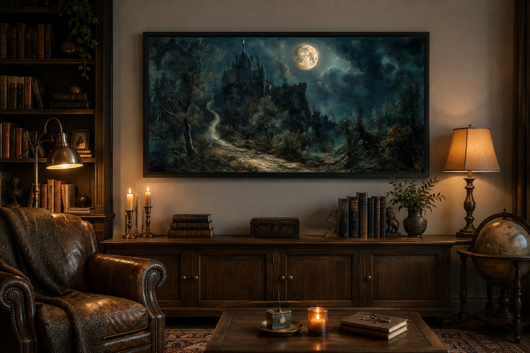 Framed gothic artwork of a haunted castle under a full moon in a dark, vintage-style library.