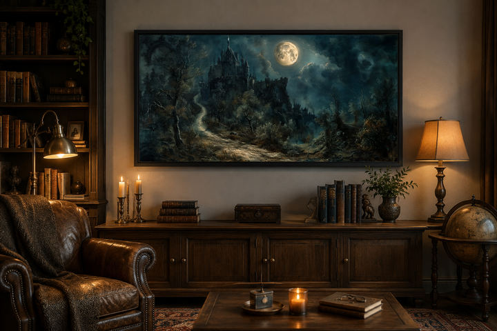 Framed gothic artwork of a haunted castle under a full moon in a dark, vintage-style library.