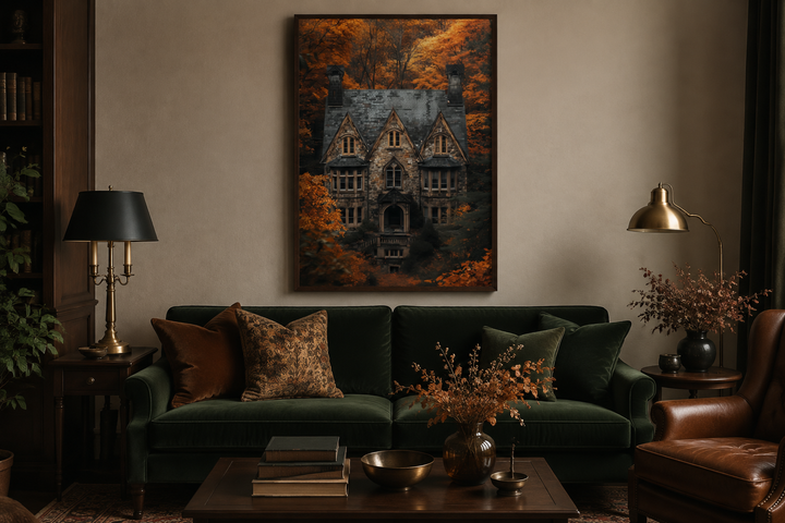 Gothic haunted house canvas art in a dark academia living room with a green velvet sofa.
