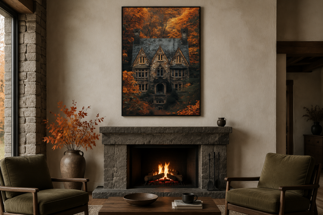 Gothic haunted house canvas art above a stone fireplace in a dark academia living room.