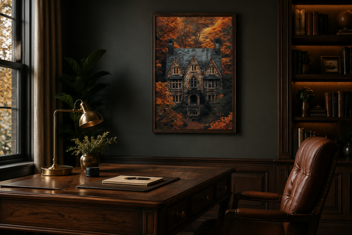 Gothic haunted house canvas art in a dark academia office with a wooden desk and leather chair.