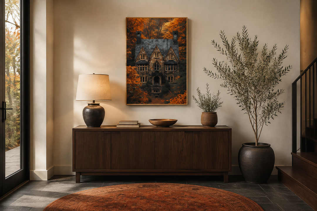Gothic haunted house canvas art in a dark academia entryway with a wooden sideboard and plants.