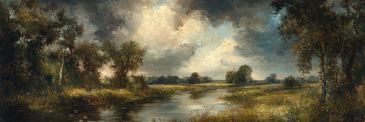 Moody oil painting of a river landscape under a stormy sky with dark trees and golden light.