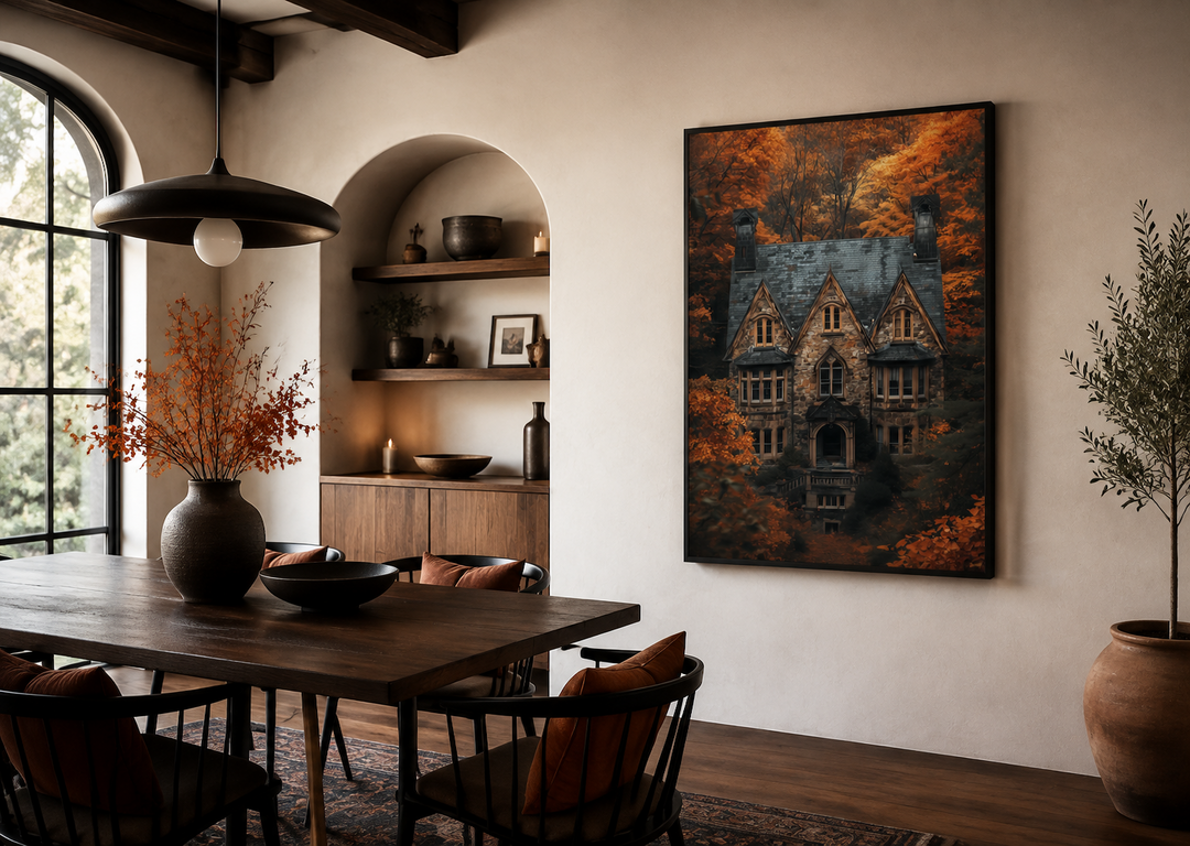 Gothic haunted house canvas art in a dark academia dining room with autumn decor and warm lighting.