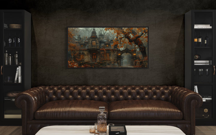 Gothic Haunted Wall Art - Victorian House Art Canvas | Moody Autumn Fog Scene