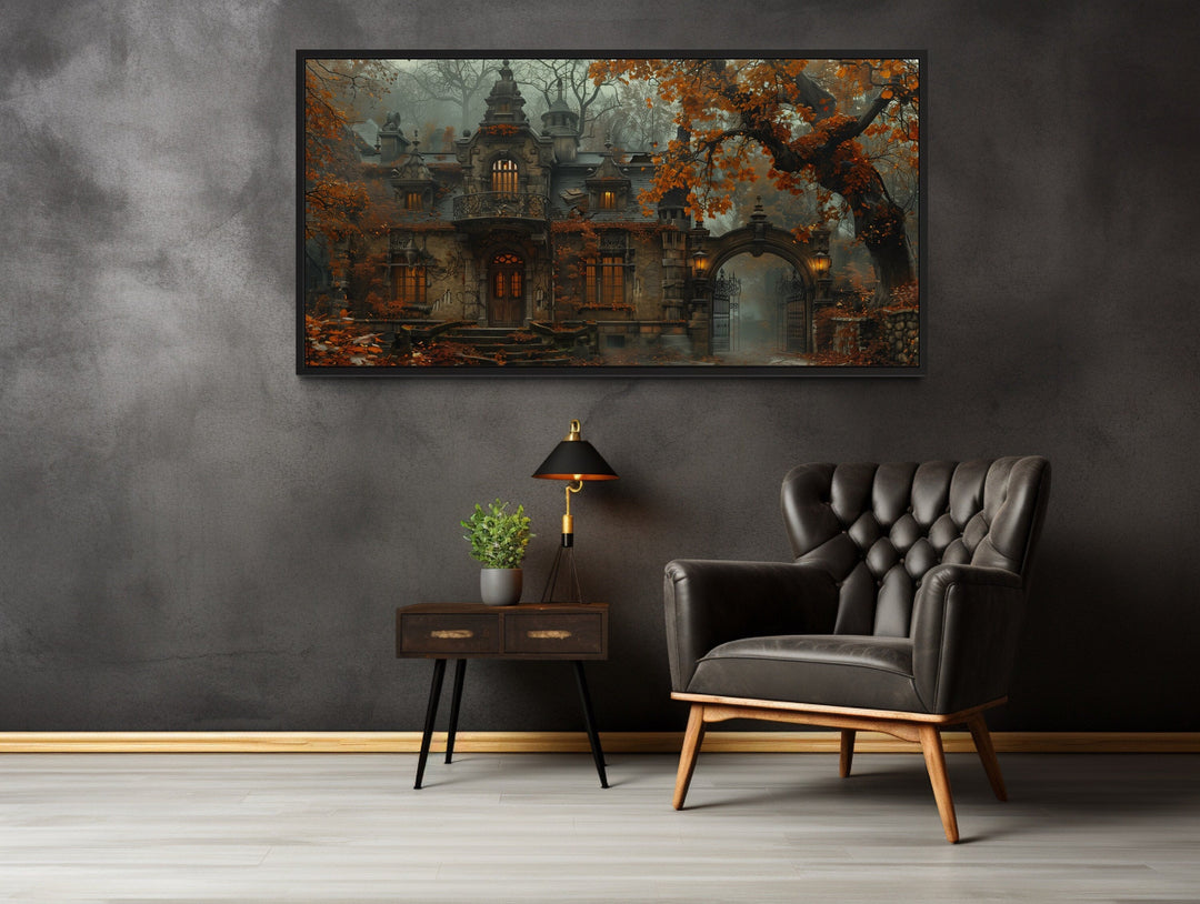 Gothic Haunted Wall Art - Victorian House Art Canvas | Moody Autumn Fog Scene