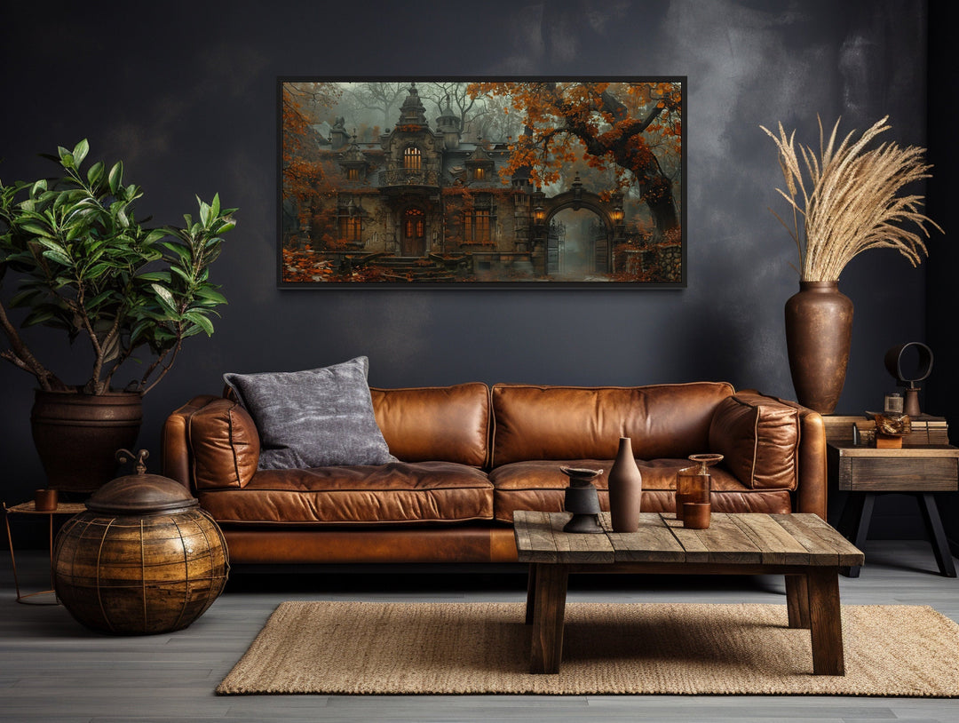 Gothic Haunted Wall Art - Victorian House Art Canvas | Moody Autumn Fog Scene