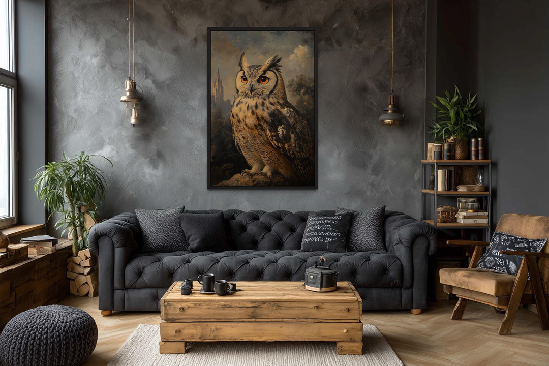 Gothic Horned Owl With Orange Eyes in Spooky Forest Halloween Wall Art