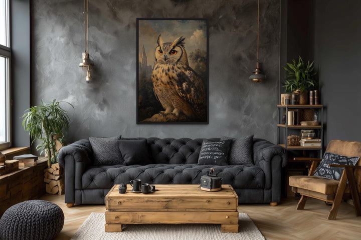 Gothic Horned Owl With Orange Eyes in Spooky Forest Halloween Wall Art