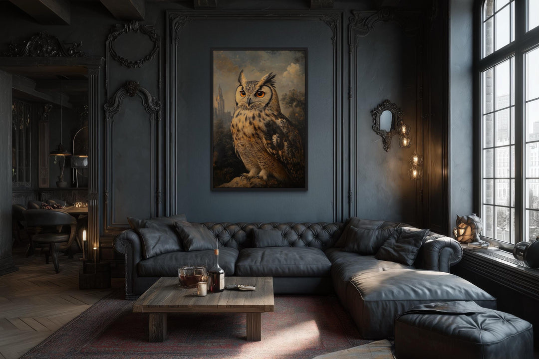 Gothic Horned Owl With Orange Eyes in Spooky Forest Halloween Wall Art