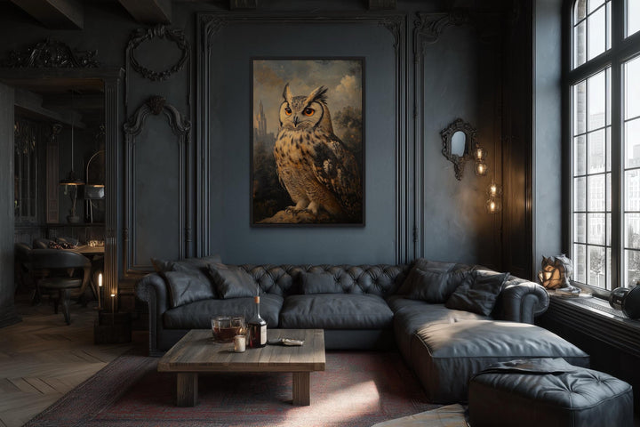 Gothic Horned Owl With Orange Eyes in Spooky Forest Halloween Wall Art