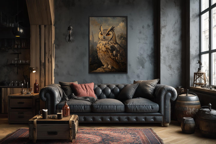 Gothic Horned Owl With Orange Eyes in Spooky Forest Halloween Wall Art