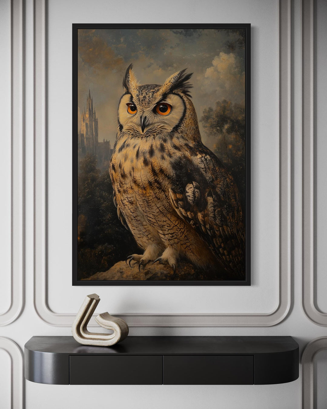 Gothic Horned Owl With Orange Eyes in Spooky Forest Halloween Wall Art