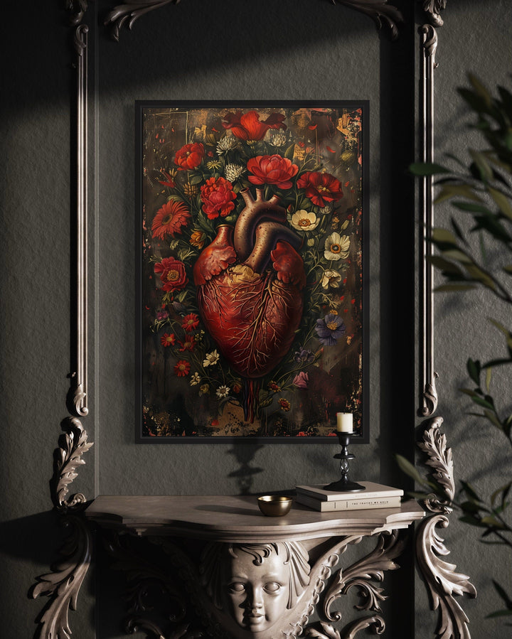 Gothic Human Heart And Flowers Framed Halloween Wall Art