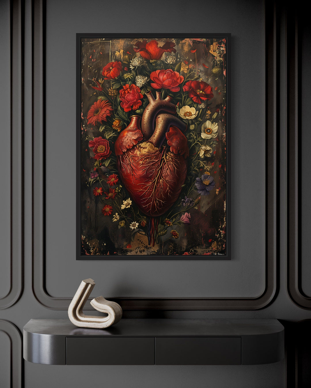 Gothic Human Heart And Flowers Framed Halloween Wall Art