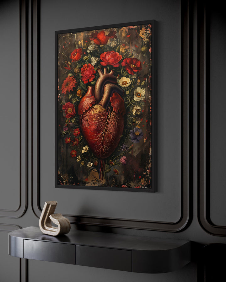 Gothic Human Heart And Flowers Framed Halloween Wall Art