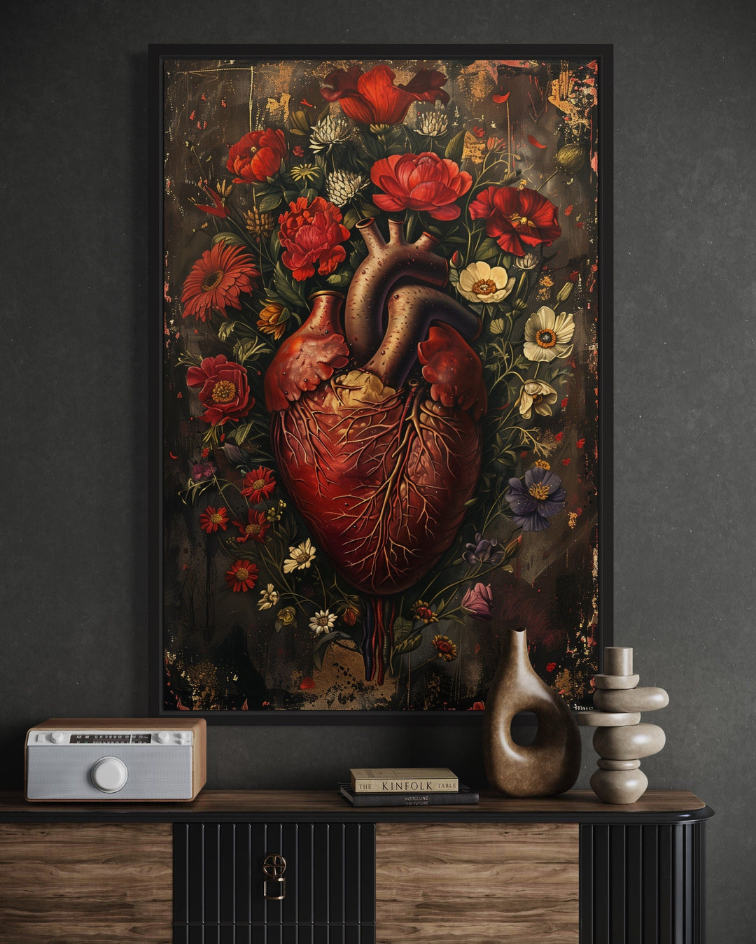 Gothic Human Heart And Flowers Framed Halloween Wall Art