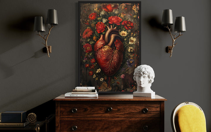 Gothic Human Heart And Flowers Framed Halloween Wall Art