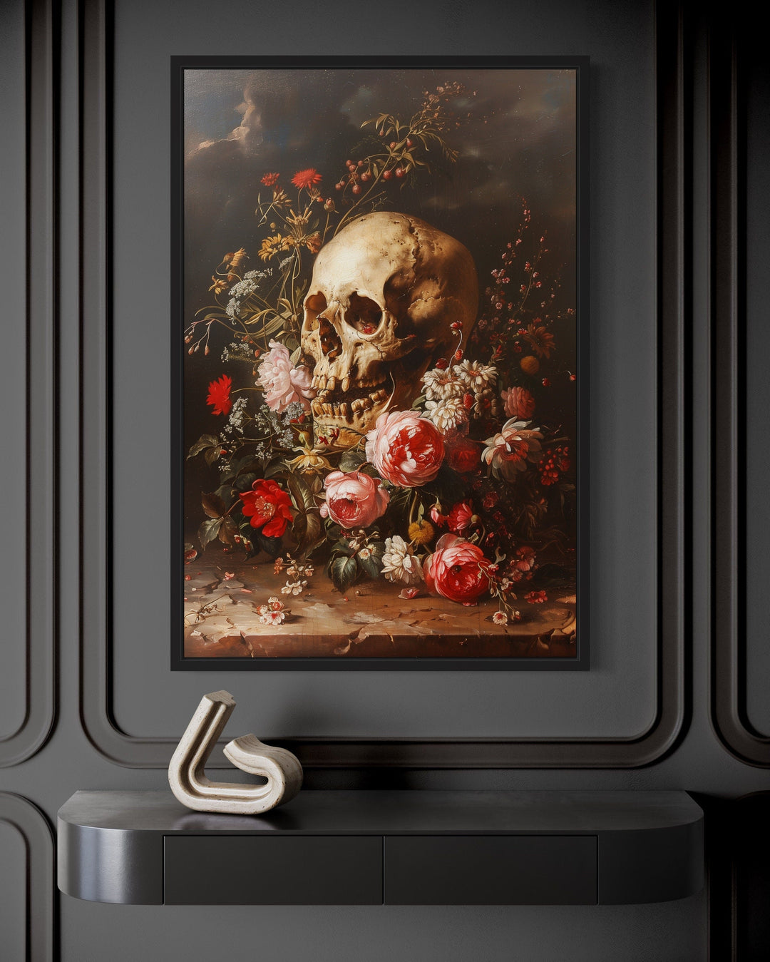 Gothic Human Skull And Flowers Framed Canvas Wall Art