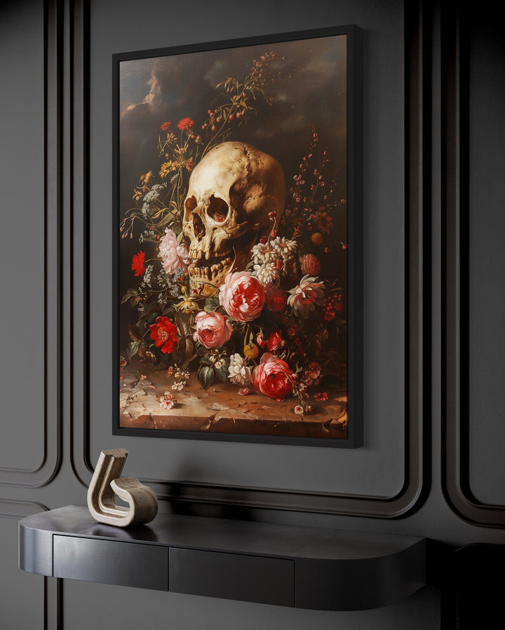 Gothic Human Skull And Flowers Framed Canvas Wall Art