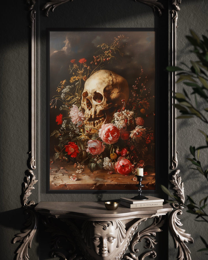 Gothic Human Skull And Flowers Framed Canvas Wall Art