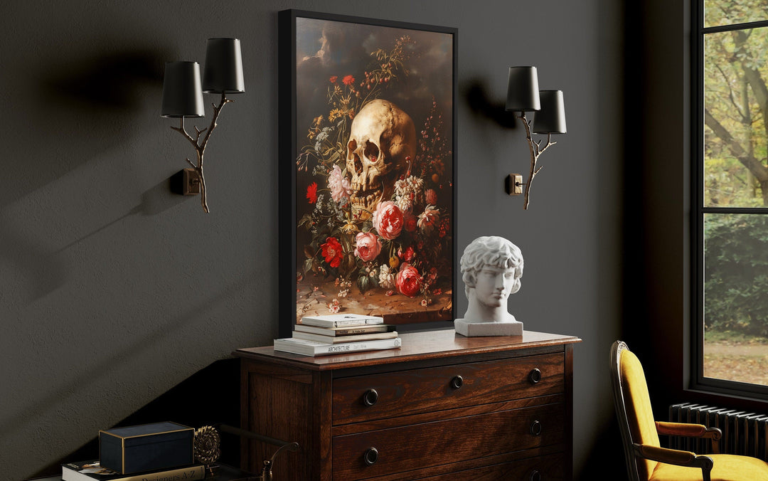 Gothic Human Skull And Flowers Framed Canvas Wall Art