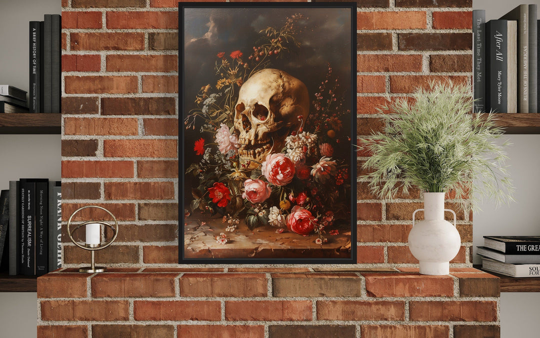 Gothic Human Skull And Flowers Framed Canvas Wall Art