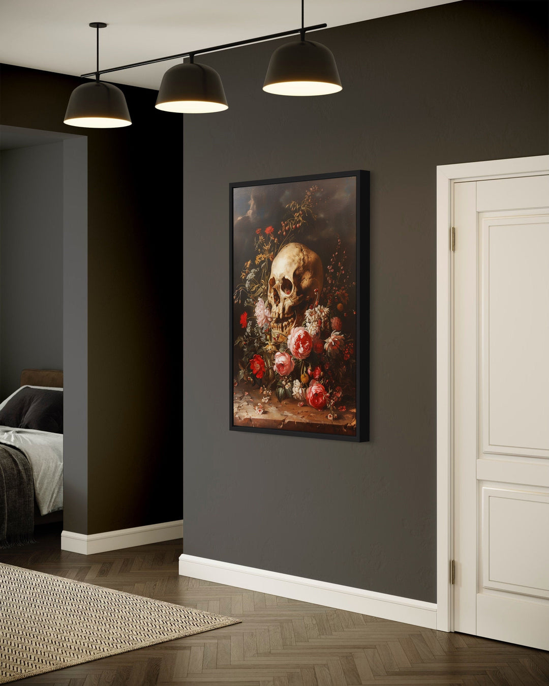 Gothic Human Skull And Flowers Framed Canvas Wall Art