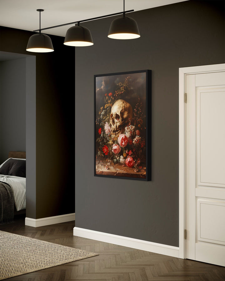 Gothic Human Skull And Flowers Framed Canvas Wall Art