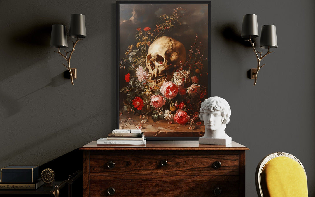 Gothic Human Skull And Flowers Framed Canvas Wall Art