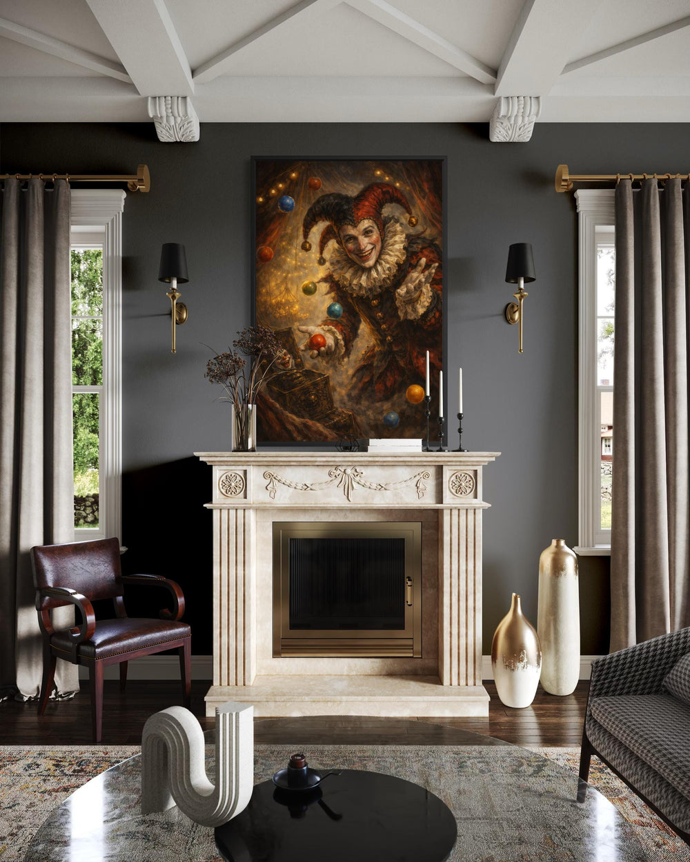 A vertical canvas print of a gothic jester hangs above a fireplace in a moody, dark-toned room.