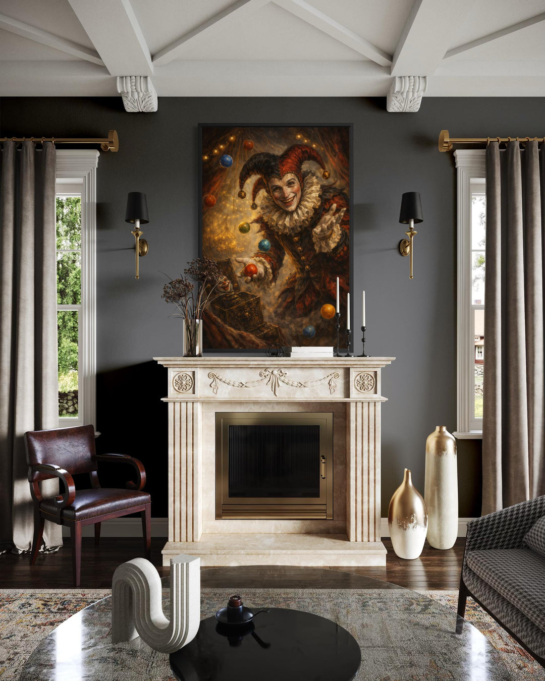 A vertical canvas print of a gothic jester hangs above a fireplace in a moody, dark-toned room.