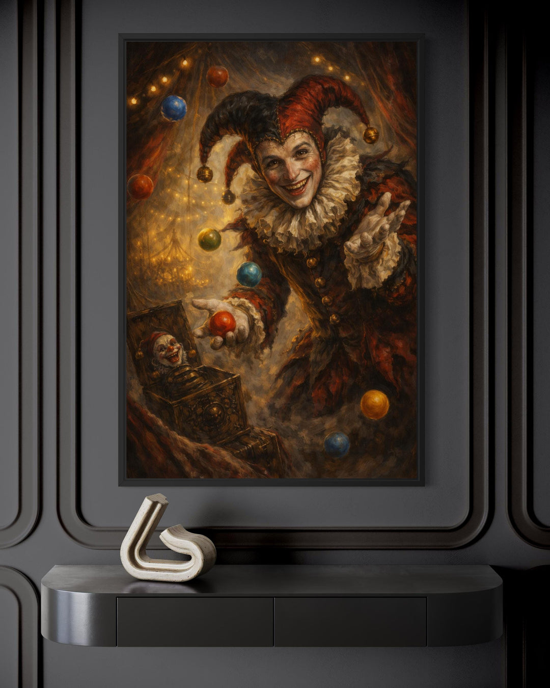 Gothic jester canvas print featuring a dark circus joker juggling colorful balls in a moody room.