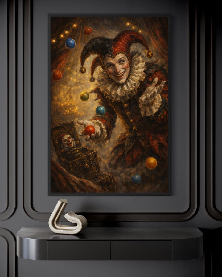 Gothic jester canvas print featuring a dark circus joker juggling colorful balls in a moody room.