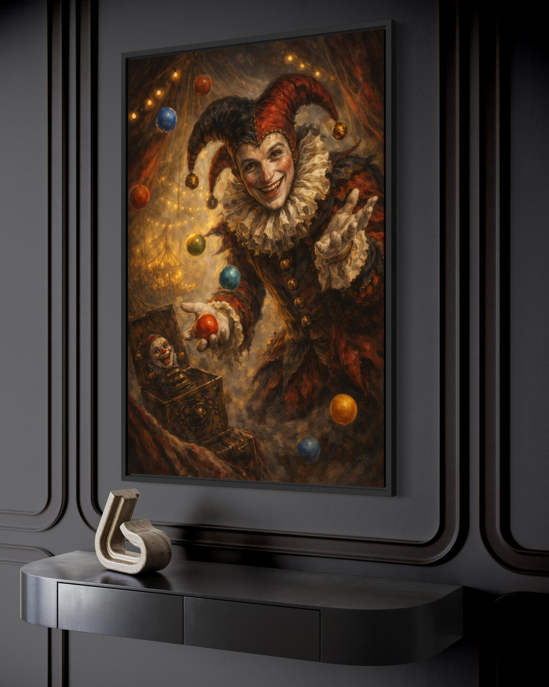 Gothic jester canvas print featuring a dark circus joker juggling colorful balls in a moody room.