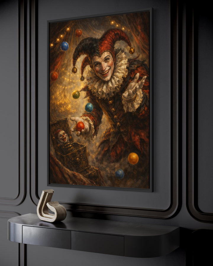 Gothic jester canvas print featuring a dark circus joker juggling colorful balls in a moody room.
