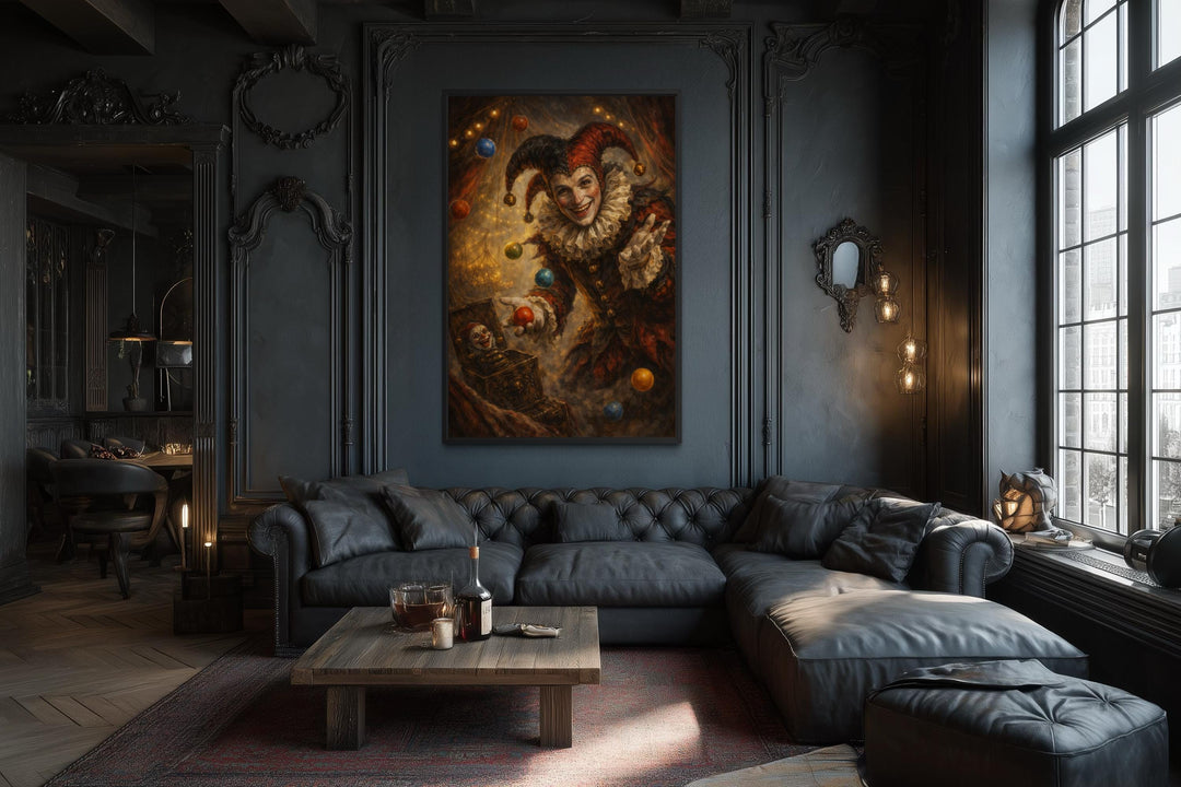 Gothic jester canvas print featuring a dark circus joker displayed in a moody, ornate living room.