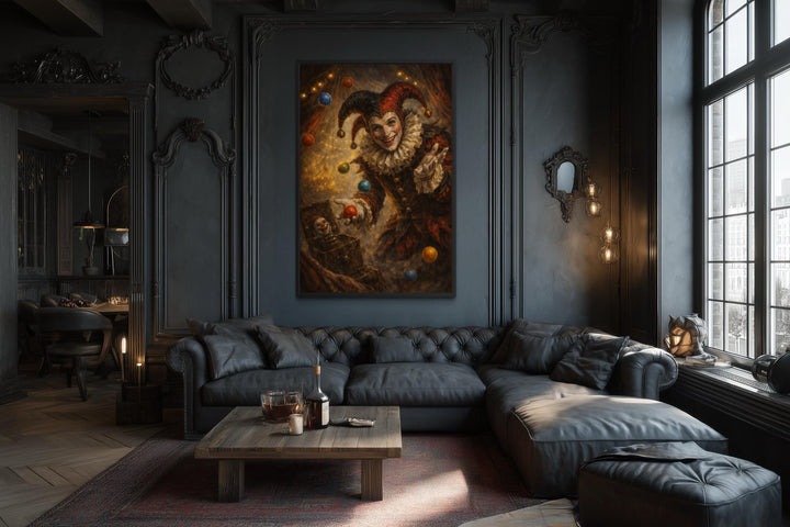 Gothic jester canvas print featuring a dark circus joker displayed in a moody, ornate living room.